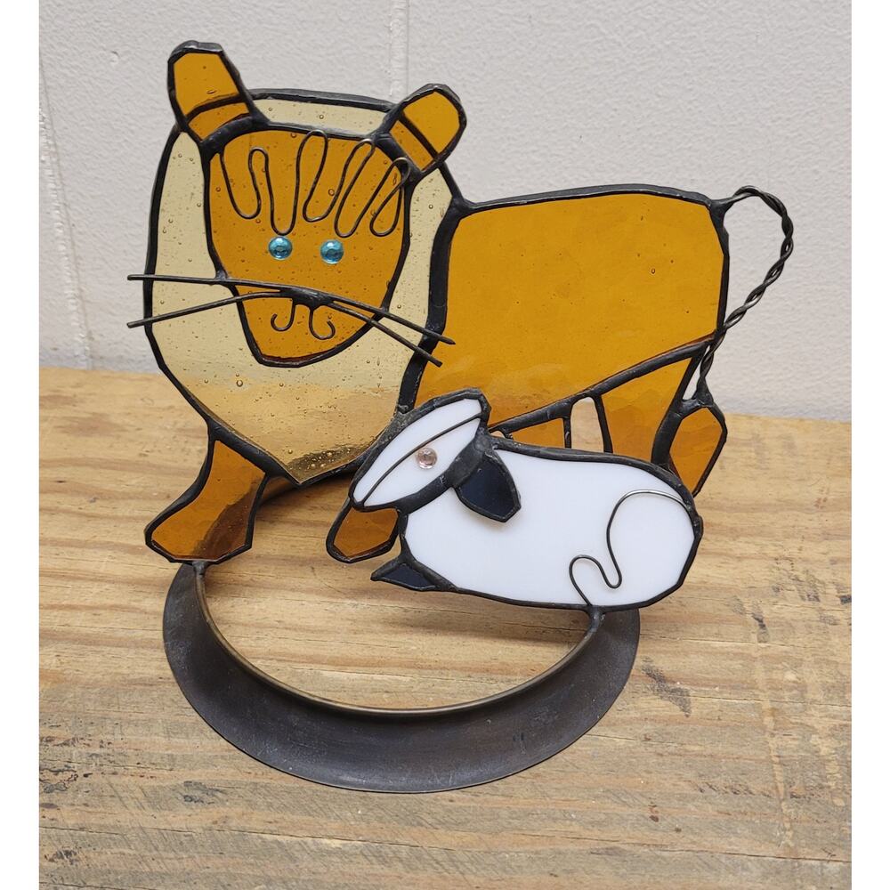 Handmade Vintage Stained Glass Lion & Lamb Suncatcher Stand Display